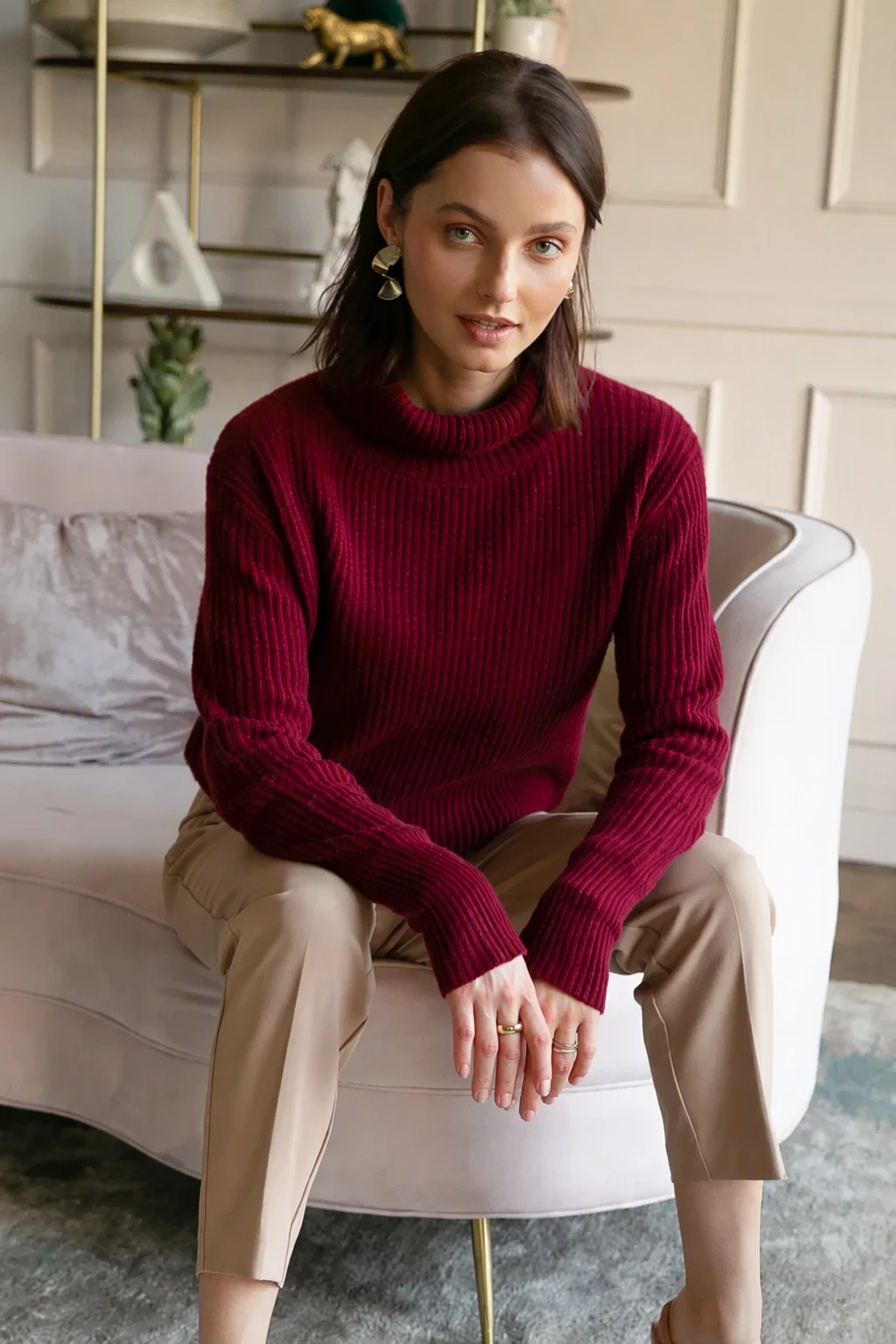 Cozy Sophistication: Burgundy Sweater + Neutral Trousers