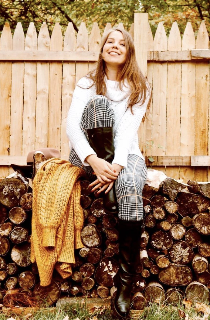 Cozy White Cable Knit Sweater + Classic plaid Leggings + Stylish Knee-High Boots + Mustard Knit Cardigan