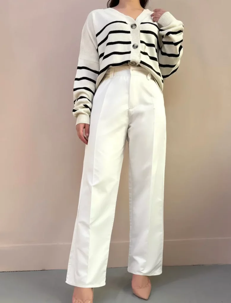 Cream Black Striped Cardigan Sweater + White Wide-Leg Trousers + Nude Pointed-Toe Heels