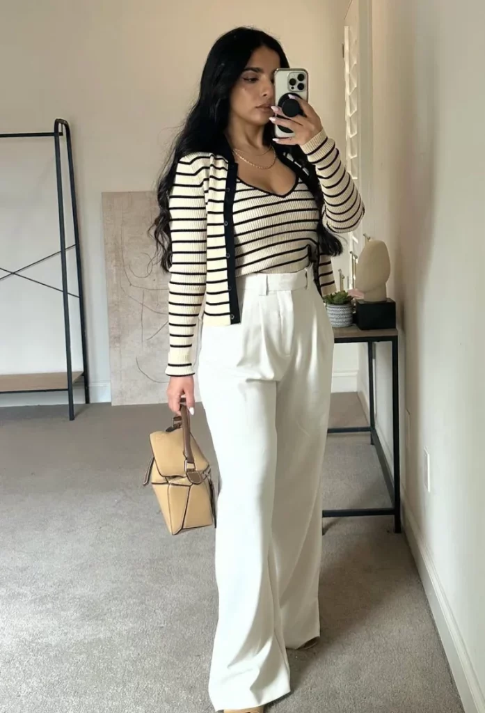 Cream Black Striped Fitted Top + White High-Waisted Wide-Leg Trousers + Black Platform Sandals