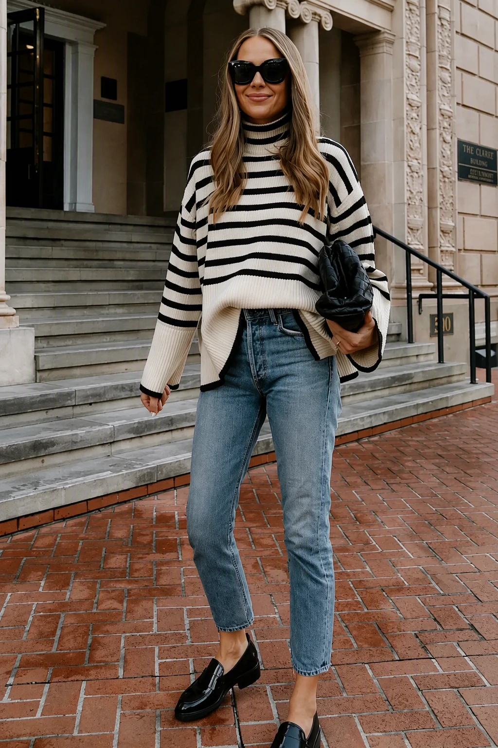 Cream Black Striped Turtleneck Sweater + Light Blue Straight-Leg Jeans + Black Leather Loafers