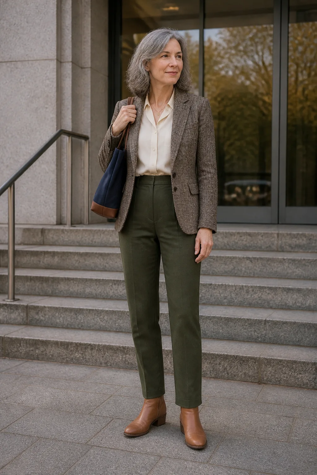 Cream Blouse, Olive Trousers, and Tweed Blazer