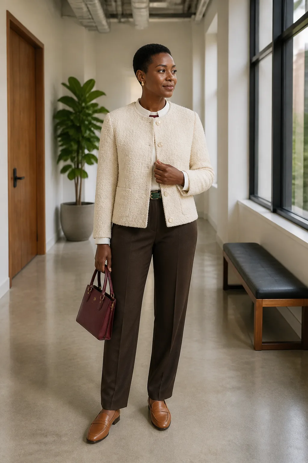 Cream Bouclé Jacket with Brown Trousers