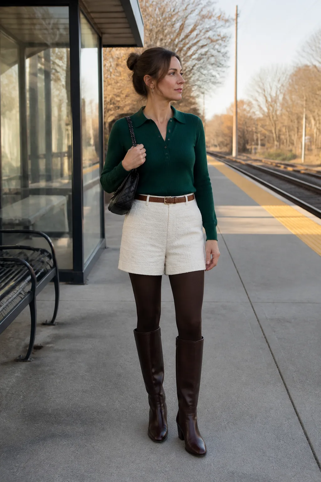 Cream Bouclé Shorts with a Green Knit Polo