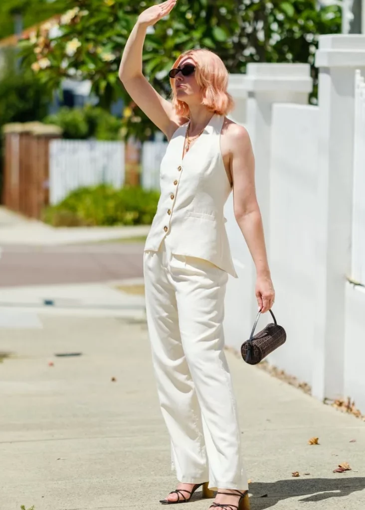 Cream Buttoned Vest + Cream Wide-Leg Trousers + Black Strappy Heeled Sandals