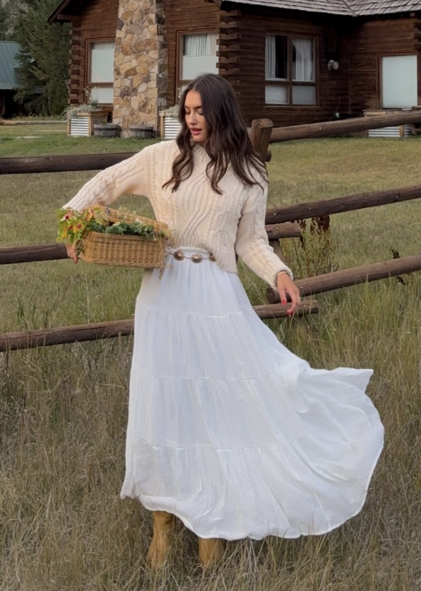 Cream Cable Knit Sweater + Tiered White Maxi Skirt + Concho Belt