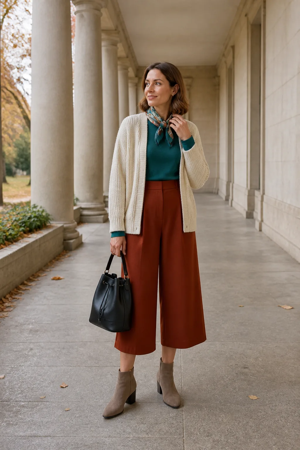 Cream Cardigan, Rust Culottes and Suede Boots