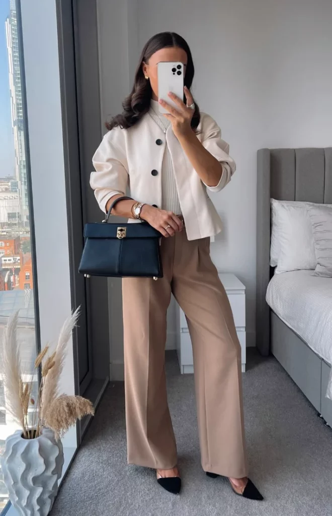 Cream Cropped Jacket + Beige Wide-Leg Trousers + Black Pointed-Toe Heels