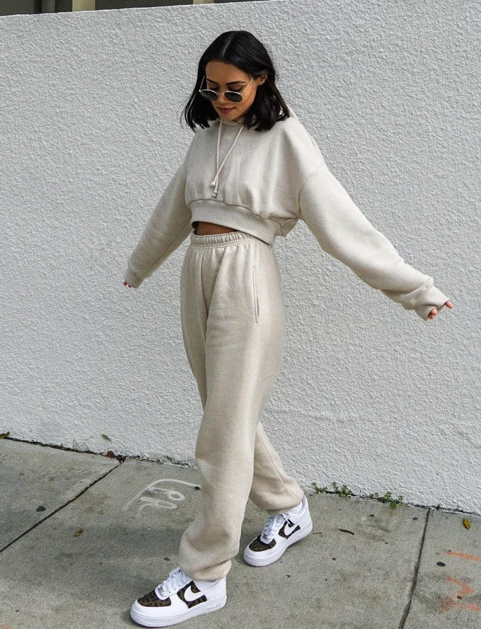 Cream Cropped Sweatshirt + Cream High-Waisted Joggers + White Black Sneakers
