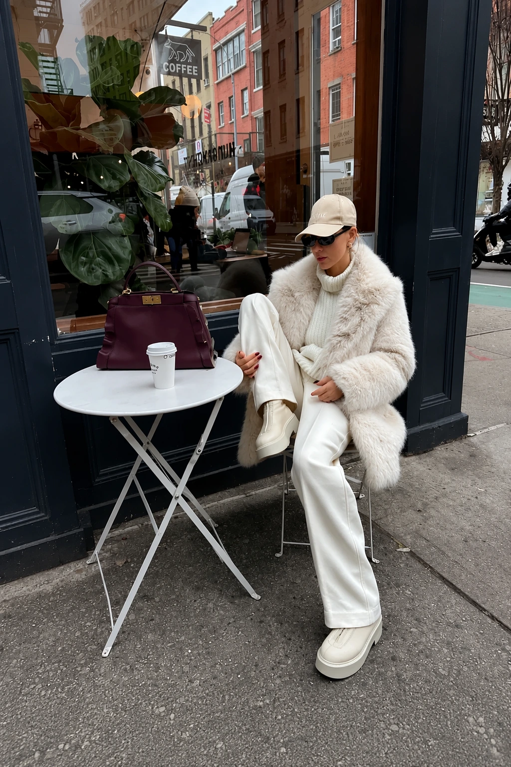 Cream Faux Fur Coat + White Ribbed Turtleneck Sweater + White Wide-Leg Jeans + Cream Leather Loafers + Beige Baseball Cap