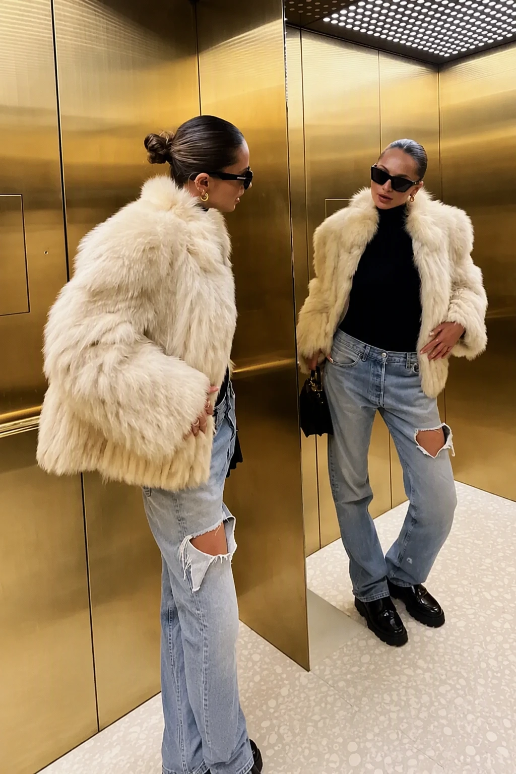 Cream Faux Fur Jacket + Black Turtleneck Top + Light Wash Distressed Straight-Leg Jeans + Black Leather Loafers