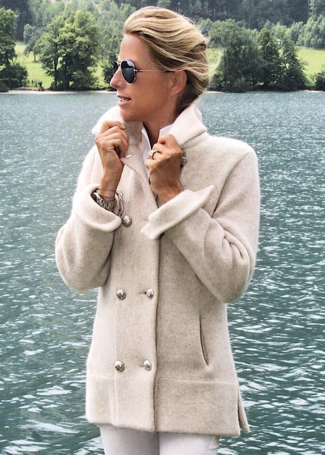 Cream High Neck Jacket + White Shirt + Aviator Sunglasses