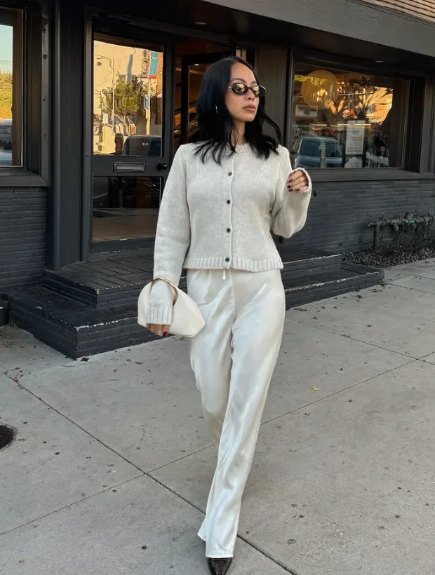 Cream Knit Cardigan + Ivory Satin Straight-Leg Pants + White Pointed-Toe Heels
