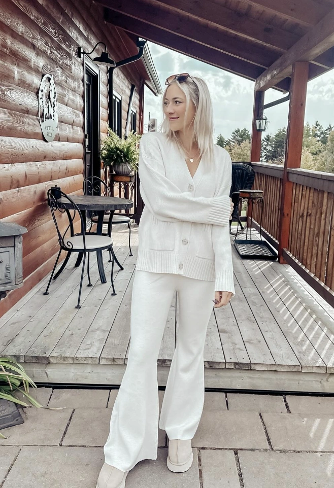 Cream Knit Cardigan + White Flare Pants + Lug Sole Boots