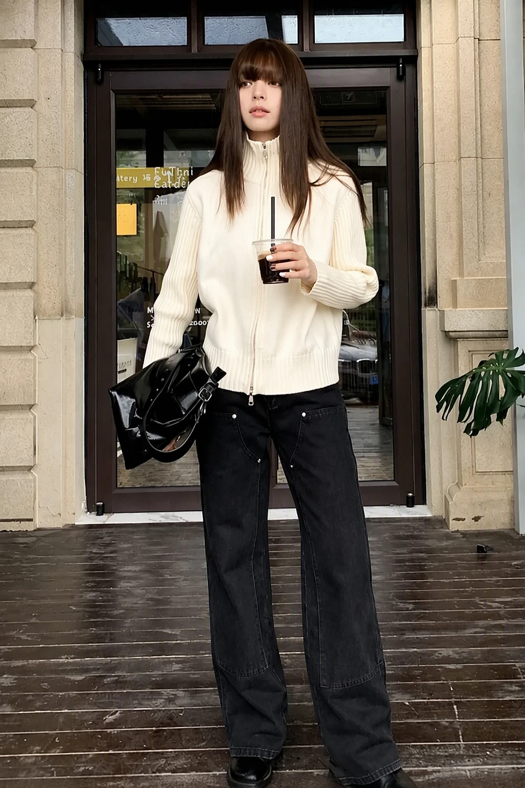 Cream Knit Zip-Up Sweater + Black Straight-Leg Jeans + Black Ankle Boots