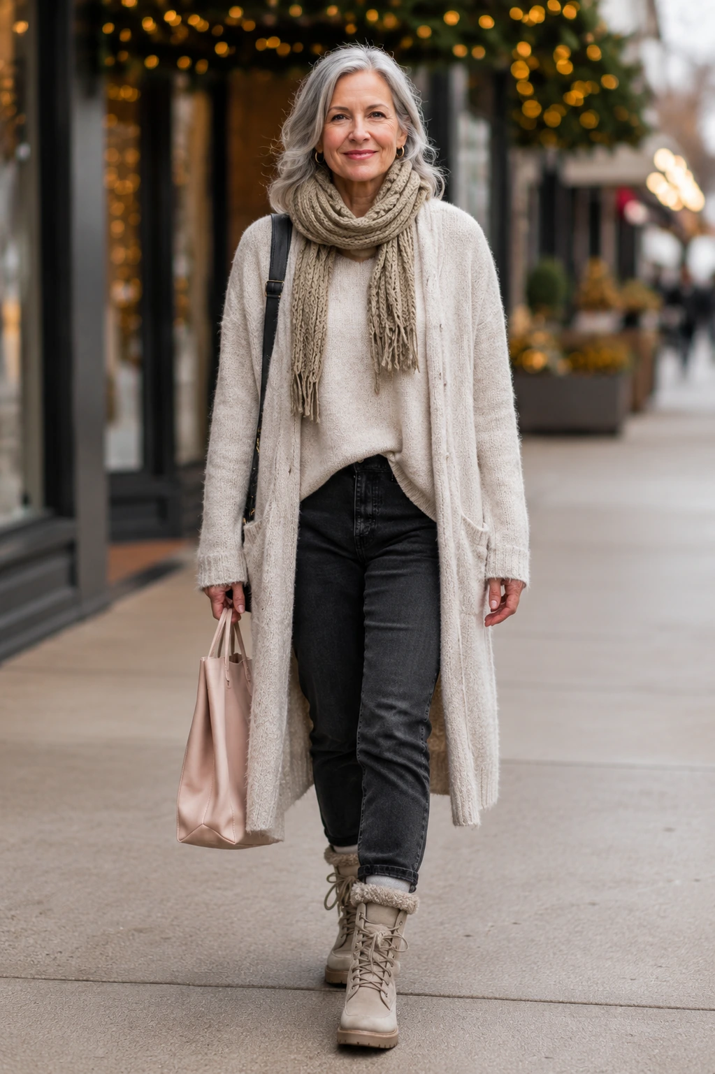 Cream Long Cardigan + Black Jeans + Knit Scarf