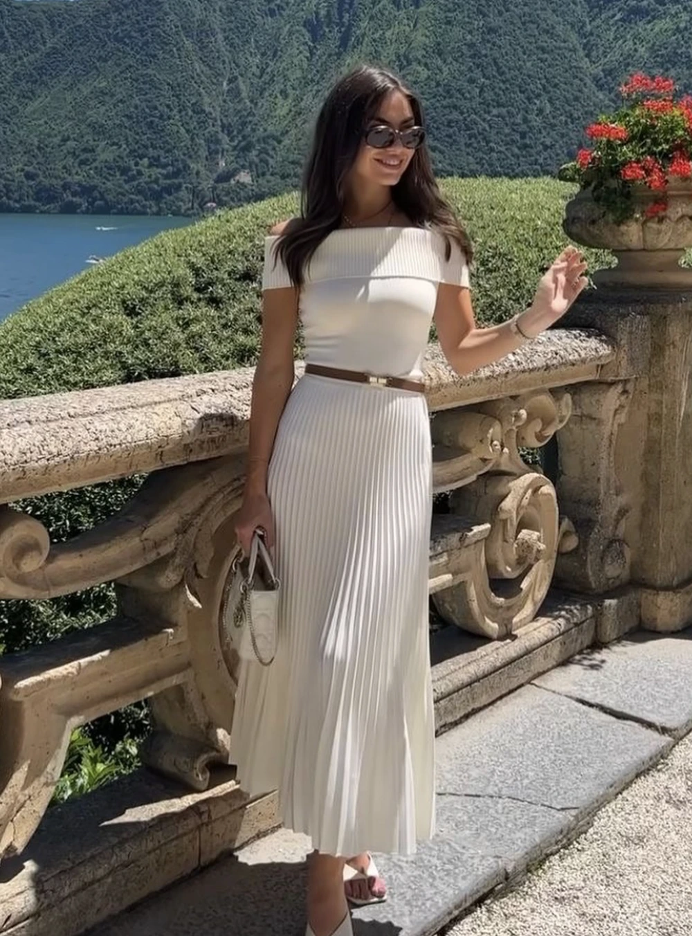 Cream Off-Shoulder Knit Top + Cream Pleated Midi Skirt + Slim Brown Belt + Brown Flat Sandals