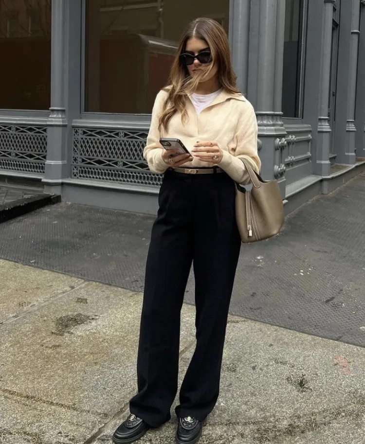 Cream Polo Sweater + Black Wide Leg Trousers + Black Chunky Loafers + Tan Belt