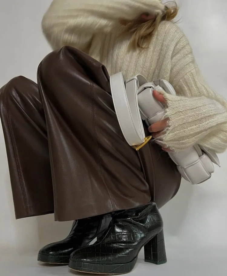 Cream Ribbed Sweater + Dark Brown Leather Skirt + Black Crocodile Embossed Ankle Boots