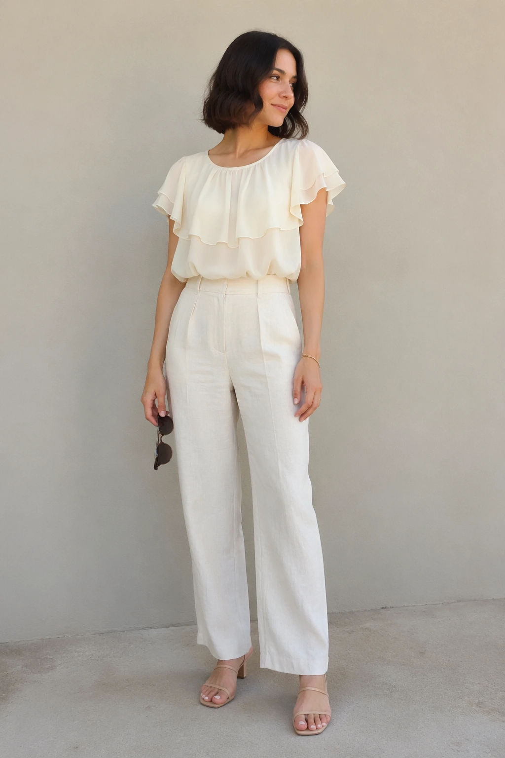 Cream Ruffle Blouse + Cream Wide-Leg Trousers + Clear Strappy Heeled Sandals