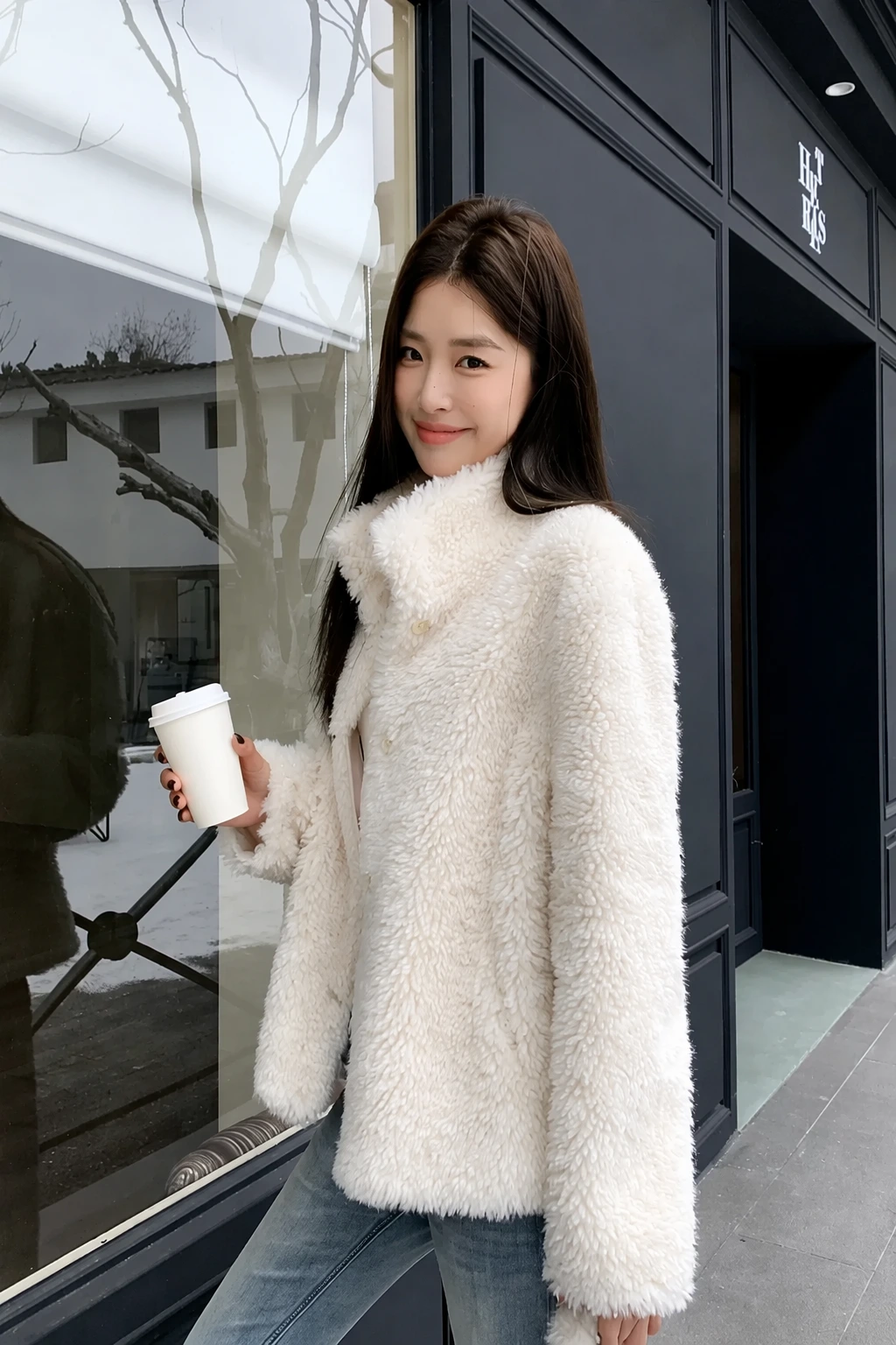 Cream Sherpa Mandarin Collar Jacket + Light Wash Denim