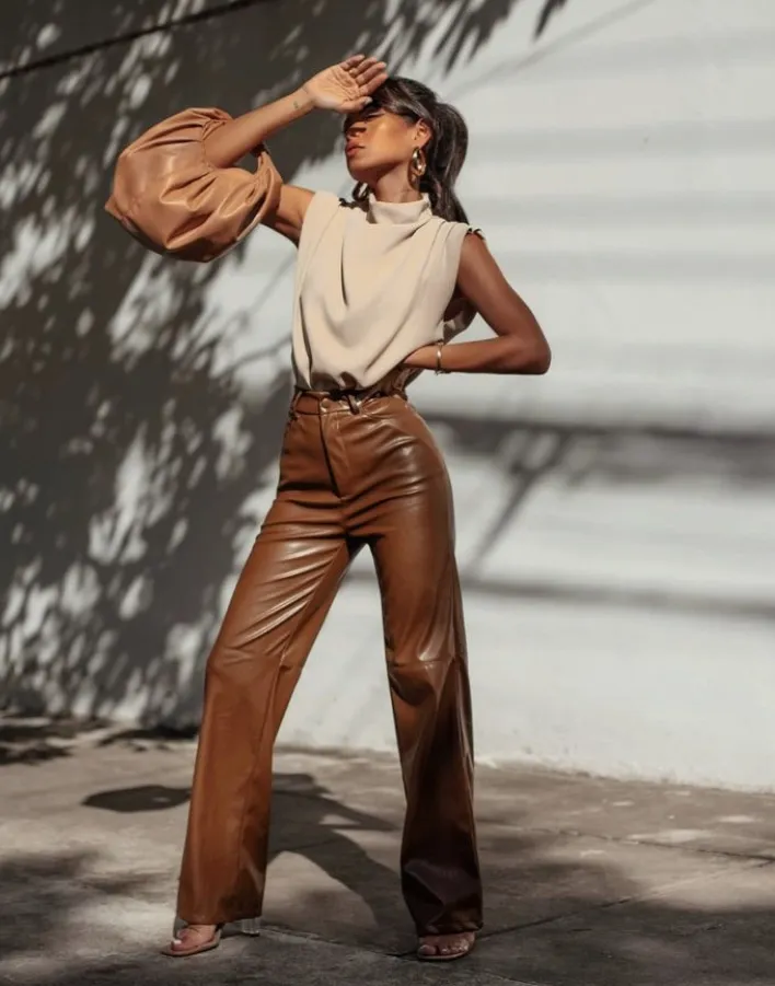Cream Sleeveless Turtleneck Top + Brown Leather Wide-Leg Pants + Brown Puff Sleeve Top + Tan Heeled Sandals