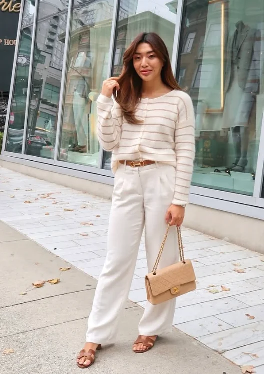 Cream Striped Sweater + White High-Waisted Trousers + Tan Leather Belt + Tan Strappy Heeled Sandals