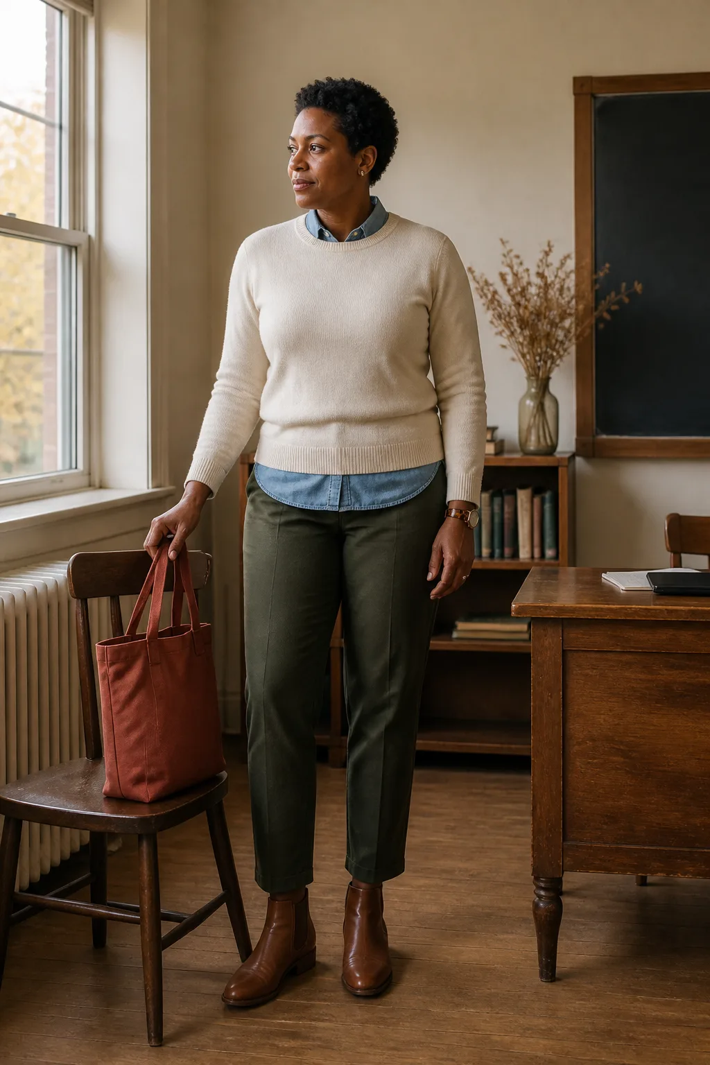 Cream Sweater, Green Trousers, and Ankle Boots