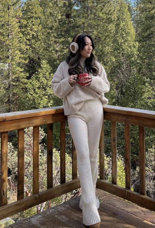 Cream Sweater + Ribbed Knit Pants + Fuzzy Earmuffs