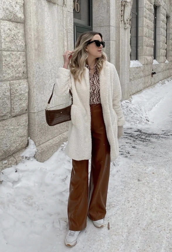 Cream Teddy Coat + Brown Patterned Blouse + Brown Leather Pants + White Sneakers