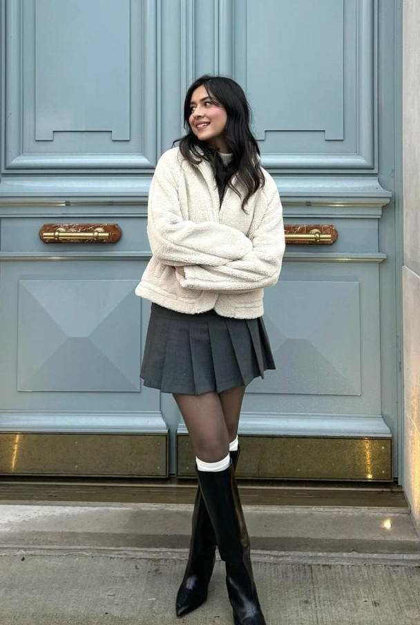 Cream Teddy Jacket + Grey Mini Skirt + Knee High Boots