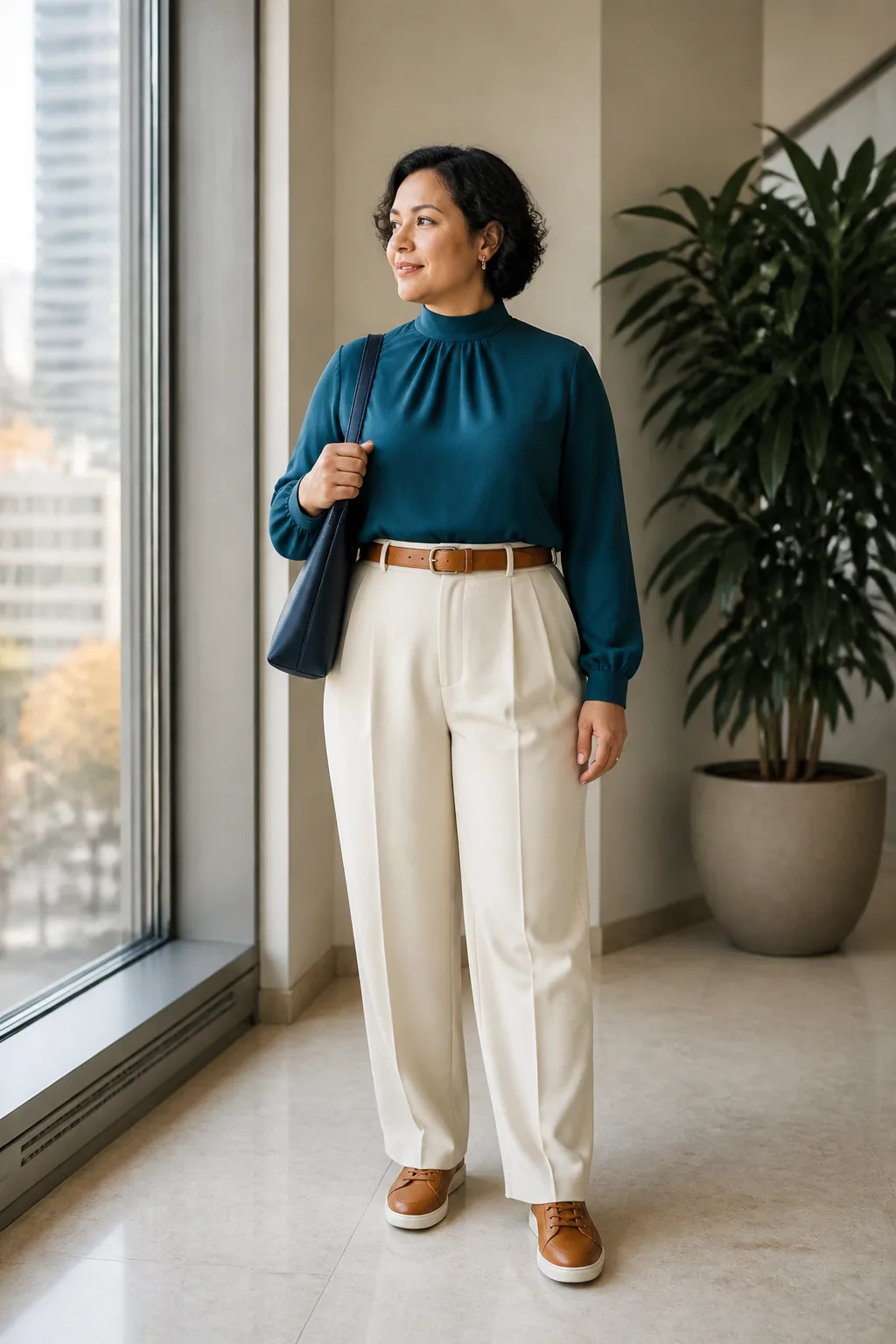 Cream Trousers, Teal Blouse, and Tan Sneakers