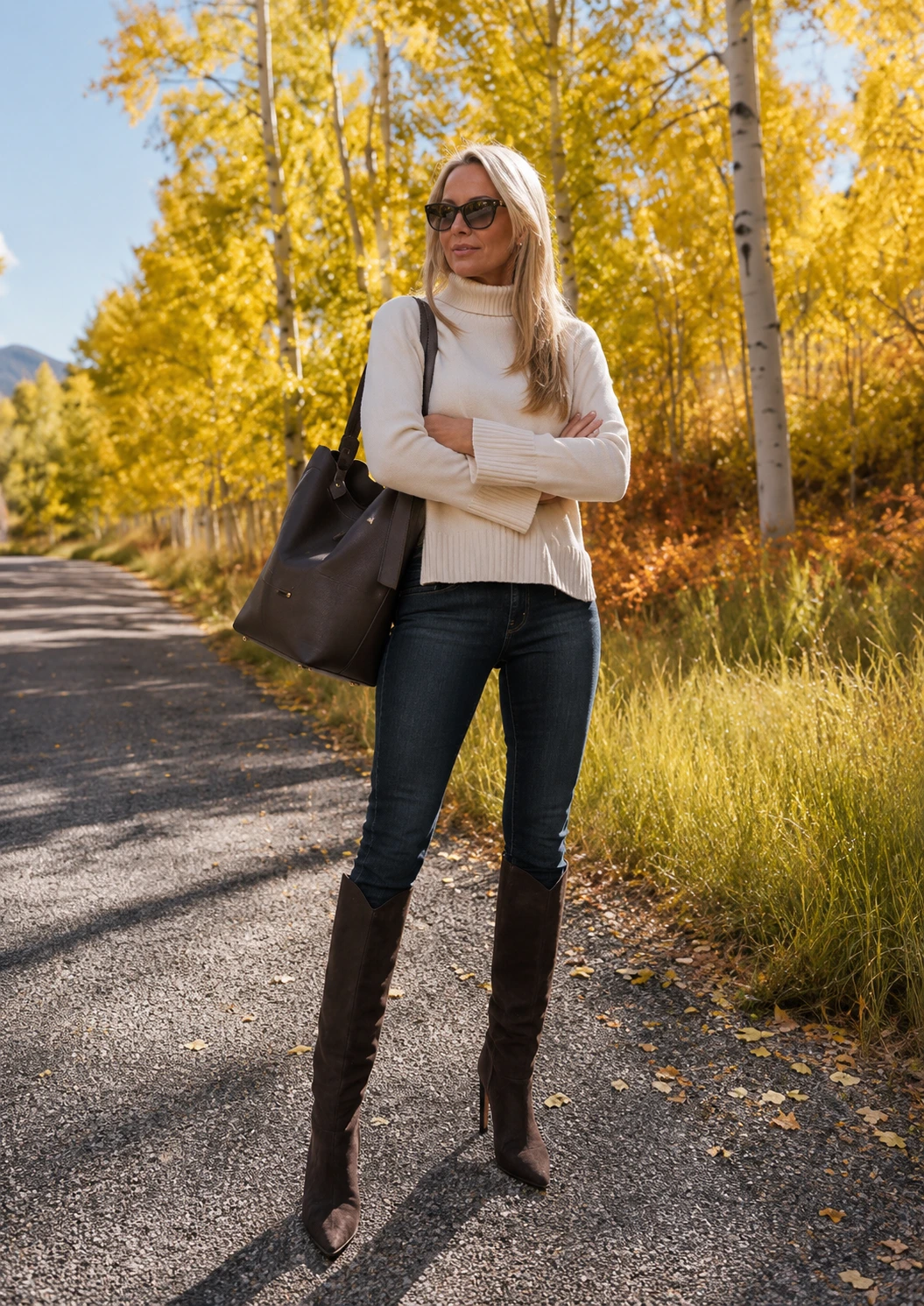 Cream Turtleneck Sweater + Dark Skinny Jeans + Knee-High Boots