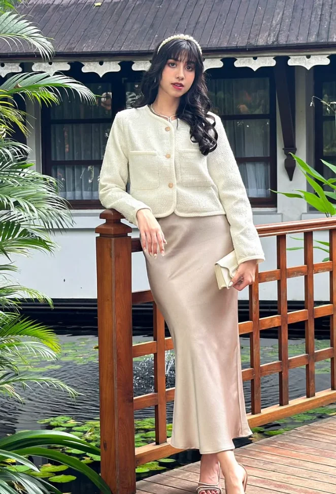 Cream Tweed Jacket + Champagne Satin Maxi Skirt + Beige Pointed-Toe Heels