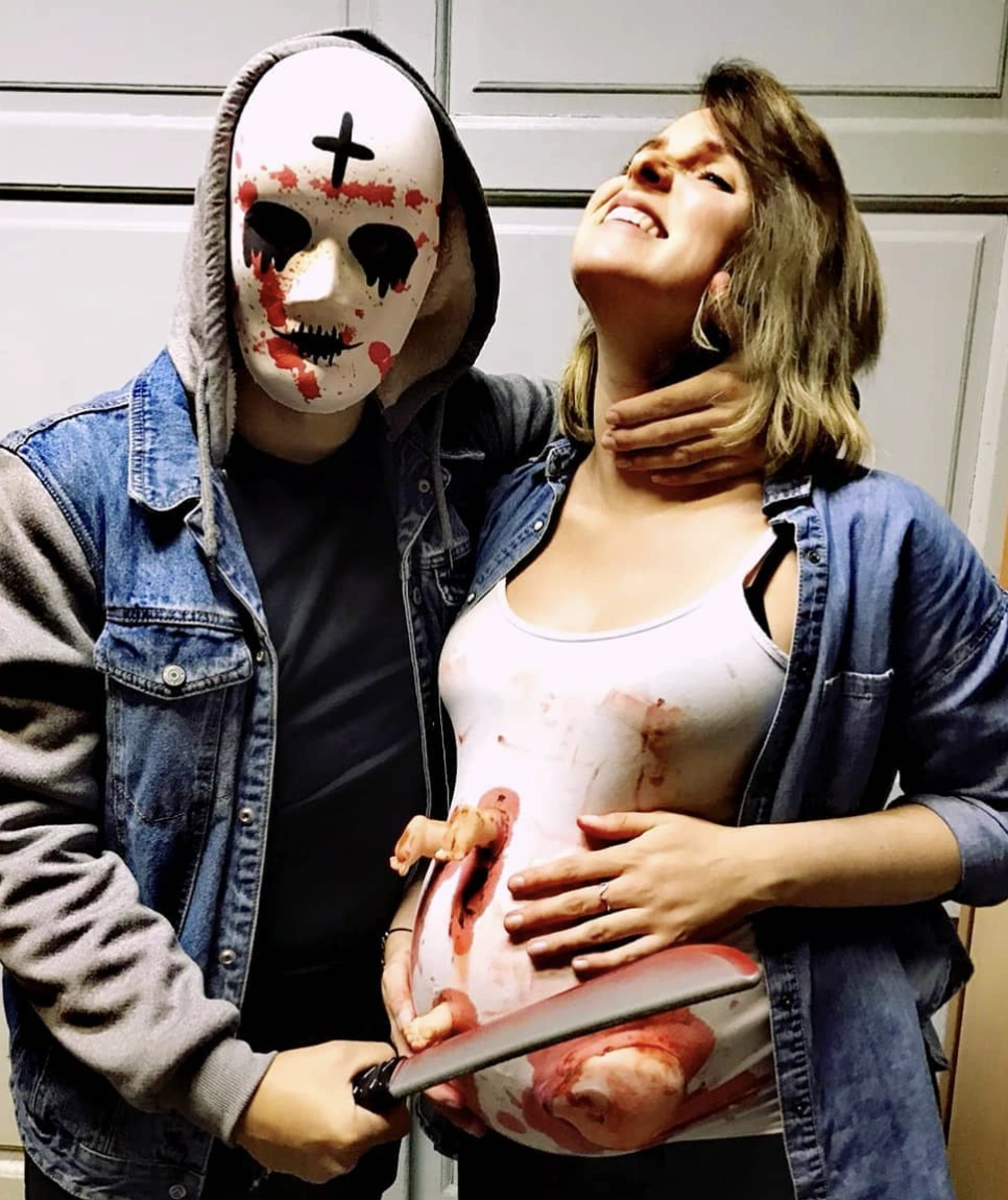 Creepy Skeleton Mask + Denim Jacket + Bloody Baby Bump Costume