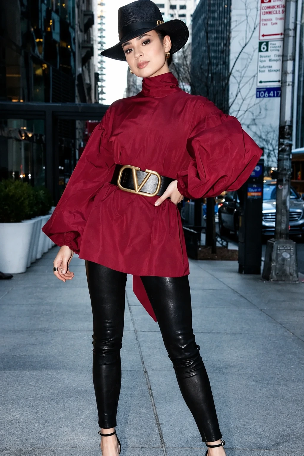 Crimson Blouse + Leather Leggings + Fedora Hat + Wide Belt Outfit