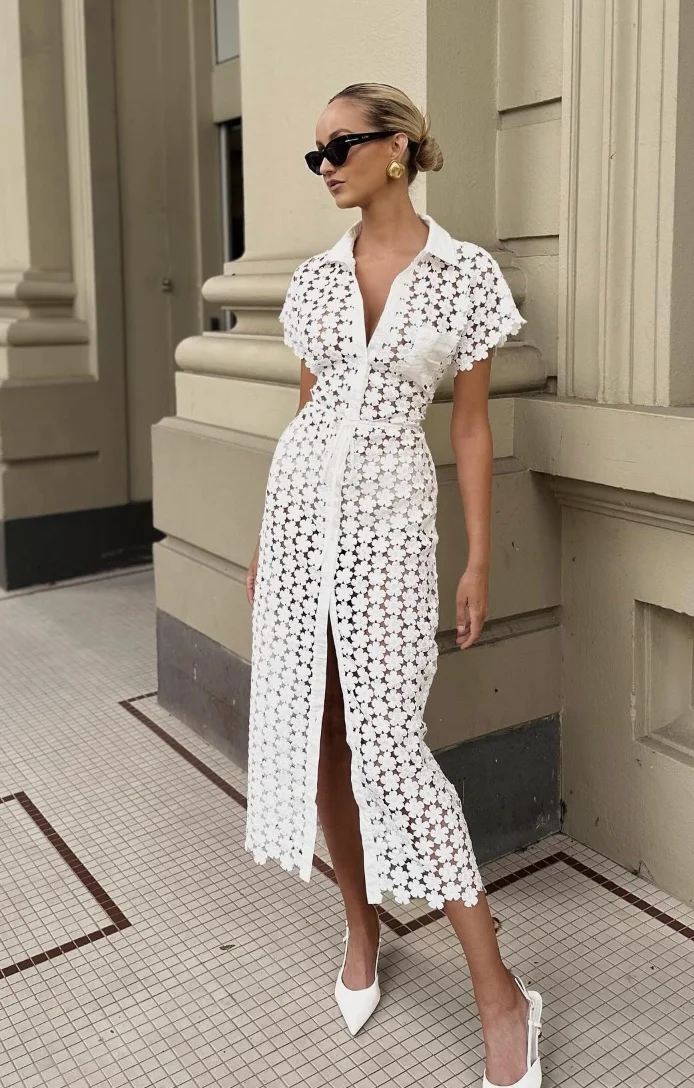 Crochet Button-Down Midi White Shirt Dress