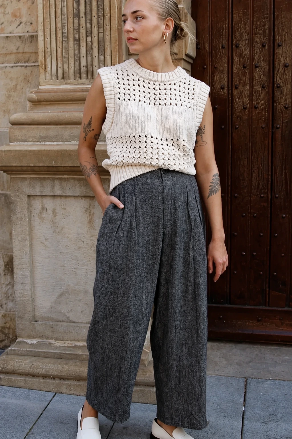Crochet Vest + Gray Loose Trousers + White Loafers