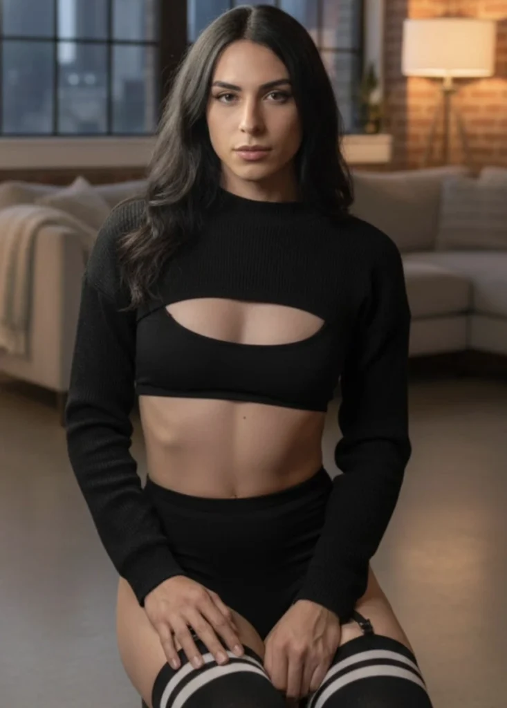 Cropped Black Sweater + Matching Bra + High-Waisted Shorts + Striped Thigh Highs