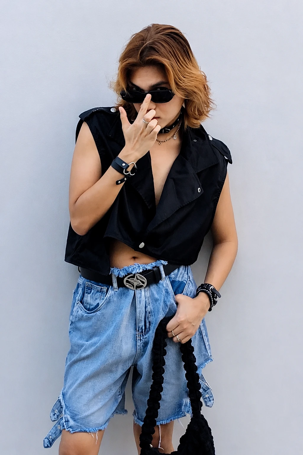 Cropped Black Vest + Distressed Denim Shorts + Statement Big Belt