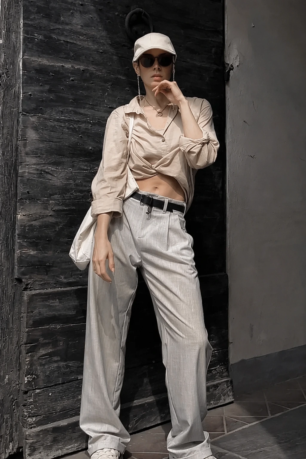 Cropped Button-Up + Wide Leg Pleated Pants Outfit + Cap