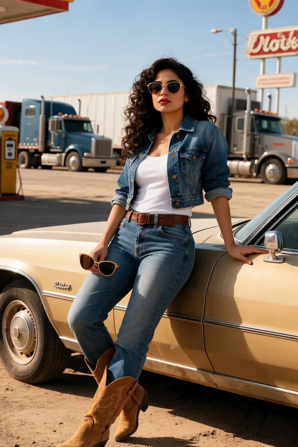 Cropped Denim Jacket + White Tank Top + Western Boots