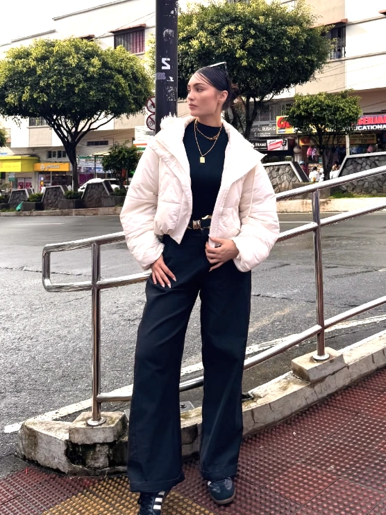 Cropped Puffer Jacket + Wide Leg Trousers + Chunky Sneakers