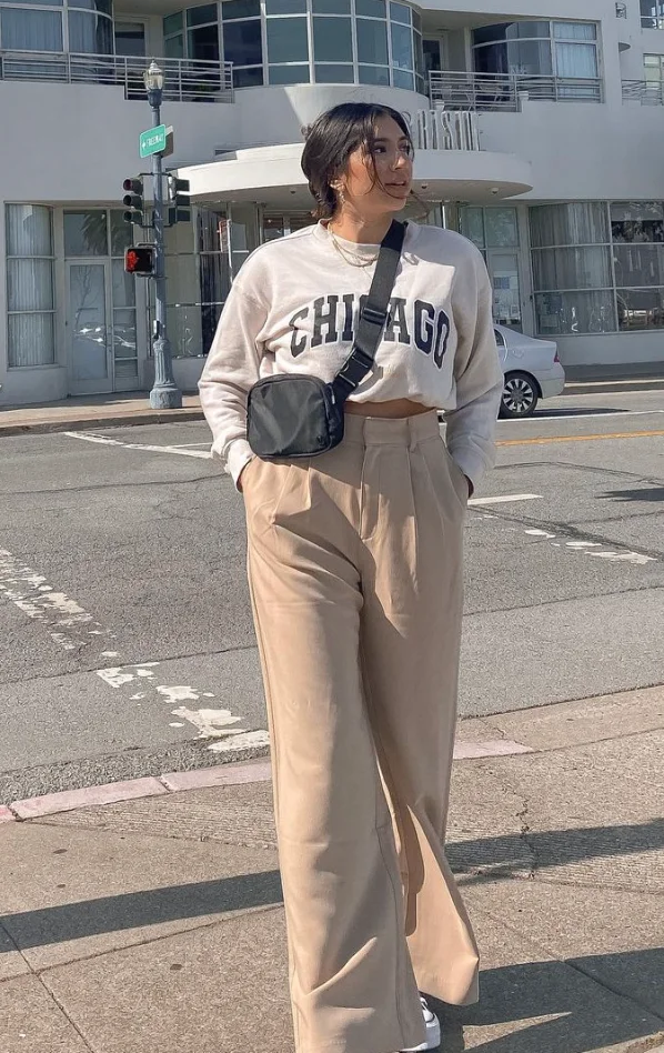 Cropped Sweatshirt + Beige Wide Leg Pants