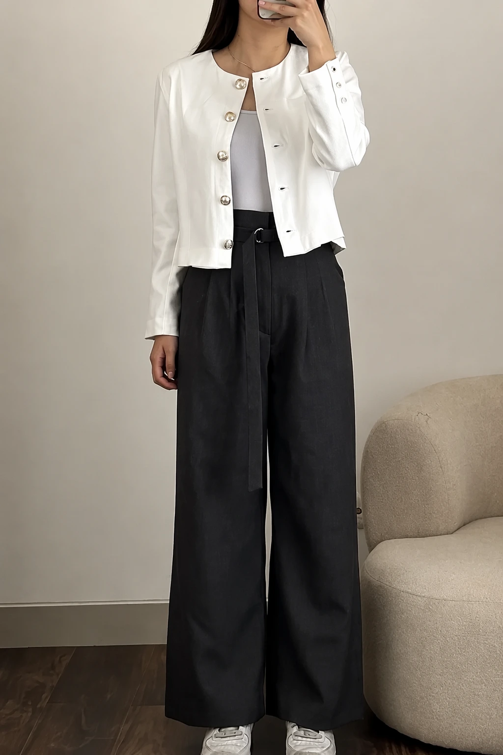 Cropped White Jacket + White Tank + Pleated Trousers + Sneakers