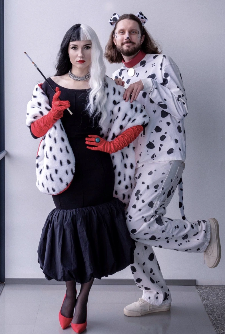 Cruella De Vil Costume + Dalmatian Pajama Set + Red High Heels
