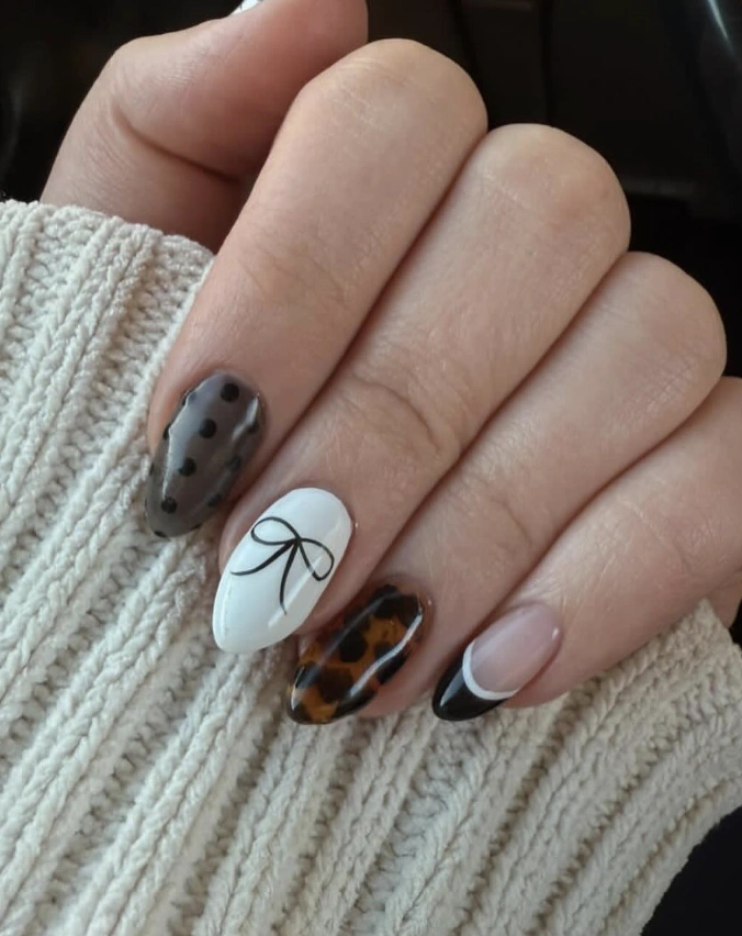 Cute Nails Fall with Polka Dots, Tortoiseshell, and Elegant Bow Details