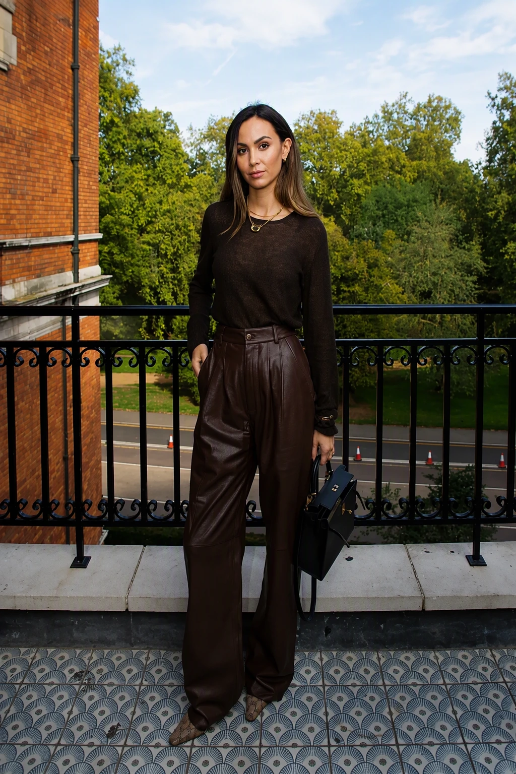 Dark Brown Long Sleeve Top + Dark Brown Leather Wide-Leg Pants + Brown Pointed-Toe Heels