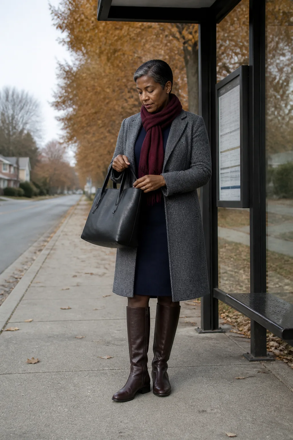 Dark Brown Riding Boots with a Navy Sweater Dress