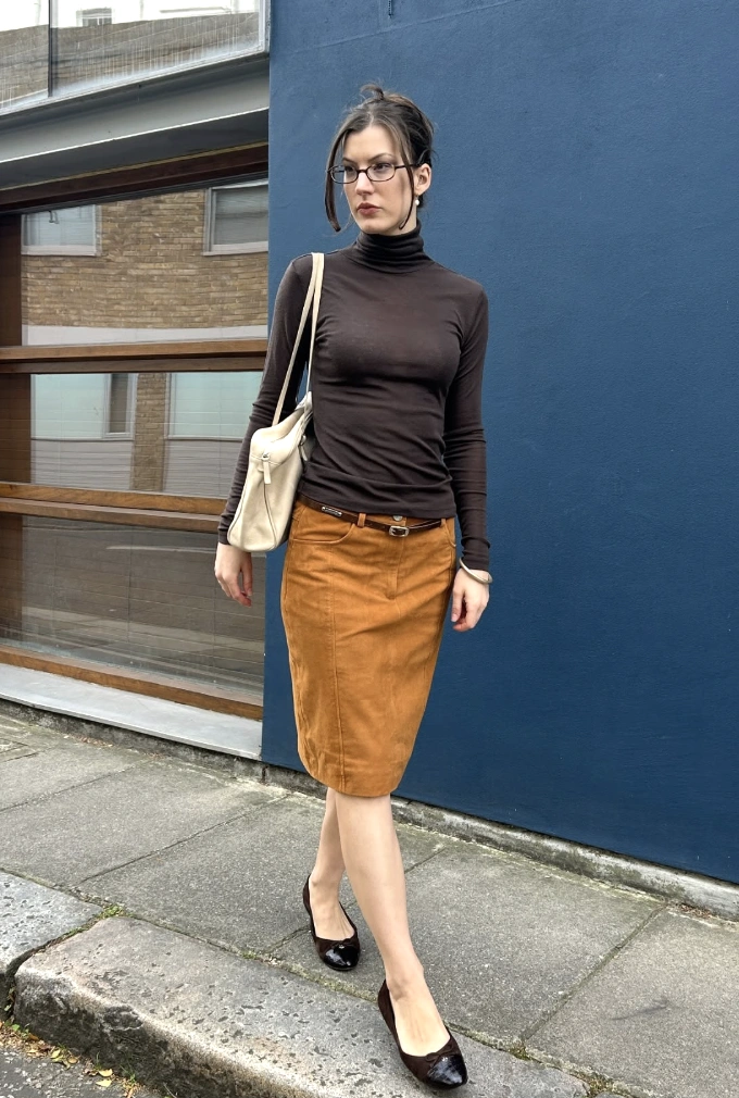 Dark Brown Turtleneck Top + Tan Suede Pencil Skirt + Black Ballet Flats